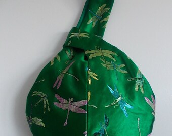 Emerald green dragonfly brocade Japanese knot bag, wristlet, wrist bag, evening purse, bridesmaid bag, wedding, prom