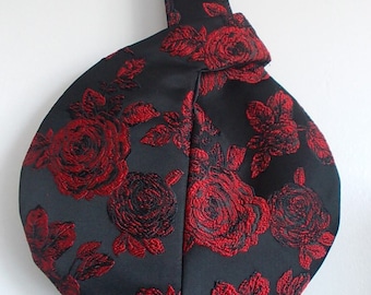 Black satin and red roses Japanese knot bag, evening bag/wristlet bag /wrist purse/ bridesmaid bag/wedding/prom/bridal bag/Goth. UK seller