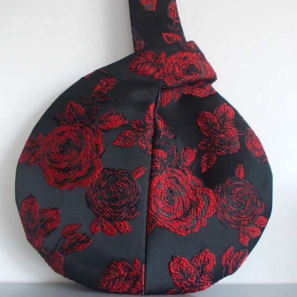 Black satin and red roses Japanese knot bag, evening bag/wristlet bag /wrist purse/ bridesmaid bag/wedding/prom/bridal bag/Goth. UK seller