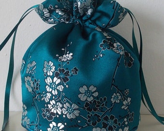 Teal floral brocade dolly bag.Ribbon drawstring wrist purse, wedding bag,wristlet bag, bride/ bridesmaid/evening/prom/Goth Bridal UK Seller