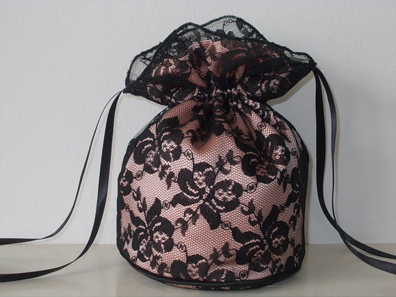 Peach Satin and Black Lace Dolly Handmade Ribbon Drawstring