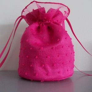 Hot pink swiss dot organza and hot pink satin dolly bag. Ribbon drawstring/wrist purse/bag for bridesmaid Evening bag Prom. Bridal UK Seller
