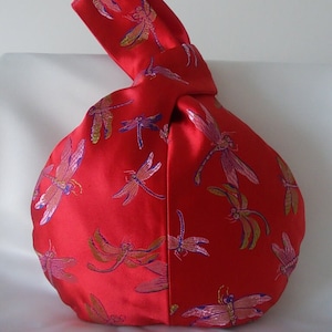 Red dragonfly brocade Japanese knot bag, wristlet, wrist bag, evening purse, bridesmaid bag, wedding, prom