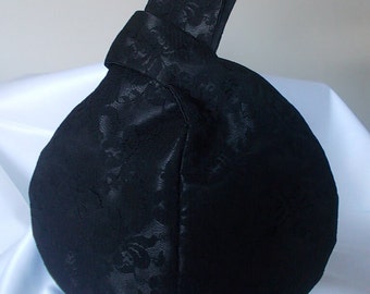 Black bow lace and black satin Japanese knot bag, evening bag/ /wrist purse/ bridesmaid bag/wedding/prom/bridal bag/Goth. UK seller