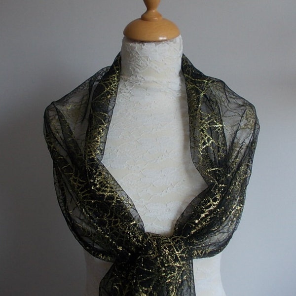 Gold and black glitter spiderweb wrap shawl scarf for Halloween,  bridesmaids,  Goth weddings. UK seller