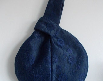 Navy satin and lace Japanese knot bag for weddings, evening. UK seller