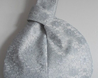 Silver satin and lace Japanese knot bag for weddings, evening  UK seller