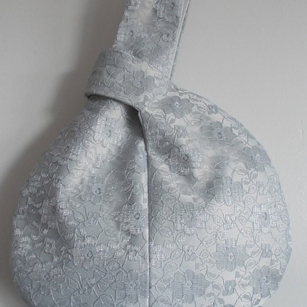 Silver lace and silver satin Japanese knot bag / evening bag/wristlet bag /wrist purse/ bridesmaid bag/wedding/prom/bridal bag UK seller