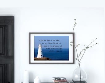 Lighthouse PRINTABLE ART, I Am the Light Wall Art, John 8:12, Bible Verse, Christian Gift, Scripture Print Art, Poster, Lighthouse Art