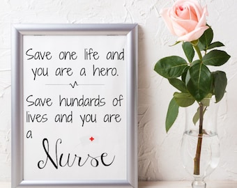 Nurse Gift, Nurse Print, "Save A Life And You Are A Hero" Inspirational Quote, Nurse Graduation-Student Nurse Gift, Instant Download Set