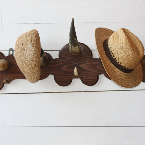 French Vintage Bull Horn & Wild Boar Tooth Hat Rack