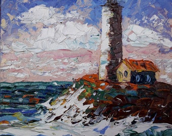 3d brush strokes oil painting. Sea and lighthouse .Volumetric painting. 7,8x7,8 inches.