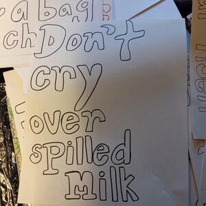 May include: White paper with the phrase "Don't cry over spilled milk" in black outlined letters. The words are stacked on top of each other. Other papers with text are in the background.