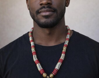 Ghanaian Glass Bead Necklace, African Brass Adinkra Pendant