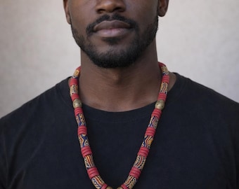 Ghanaian Recycled Glass Bead Necklace, Adinkra Brass Pendant