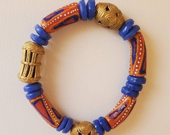 Ghanaian Bead Bracelet, African Bead Bracelet, Authentic Brass and Recycled Glass Bead from Ghana.