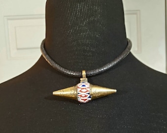Chevron/Tureg Leather Necklace, Chevron Bead Necklace, Tuareg Brass/ Chevron Necklace, Authentic Bead Necklace, Unisex Bead Necklace.