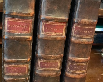 1592 Plutarch History 3 Volume Set Dark Leather Book Set morocco Greek Rome Egypt Antique Collection