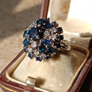 Antique vintage Palladium Dome cluster sapphire diamond cocktail ring size 7.5