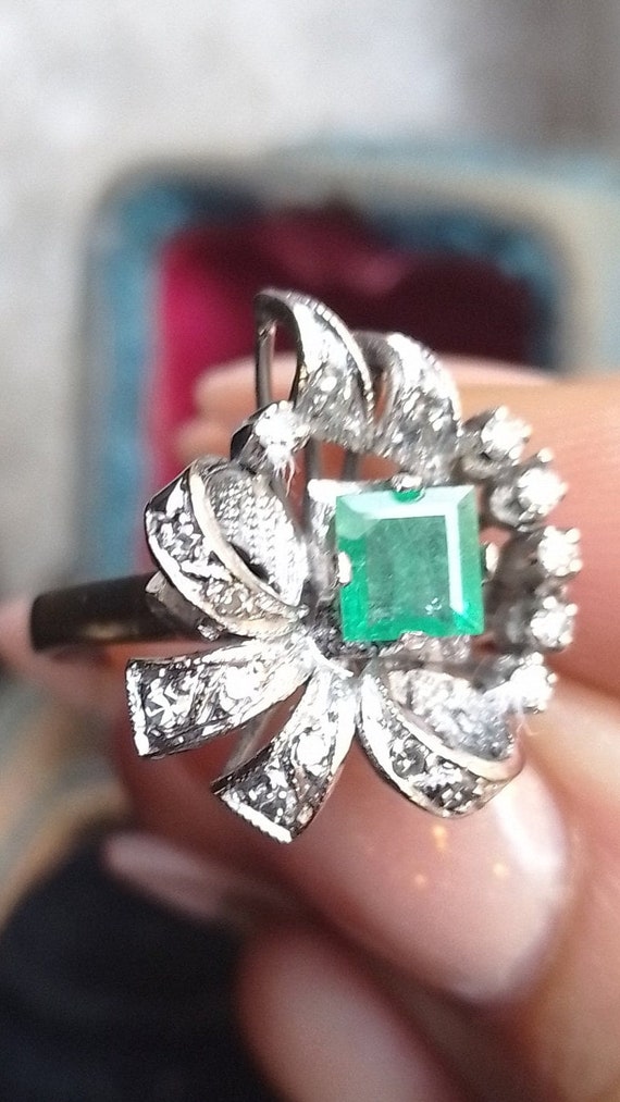 Art deco antique vintage palladium emerald diamom… - image 4