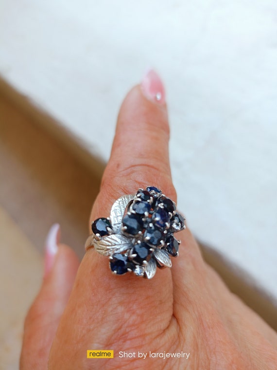 Sterling silver sapphire cocktail floral ring size