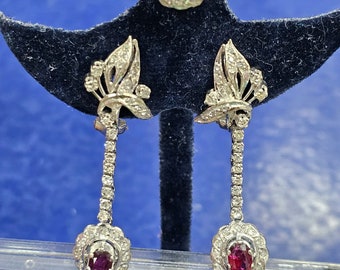 Antique Art Deco Palladium Ruby Diamond dangle earrings SET