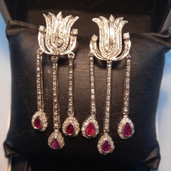 Art Deco Antique  three row ruby 2.00 CT  Diamond drop dangle Earrings