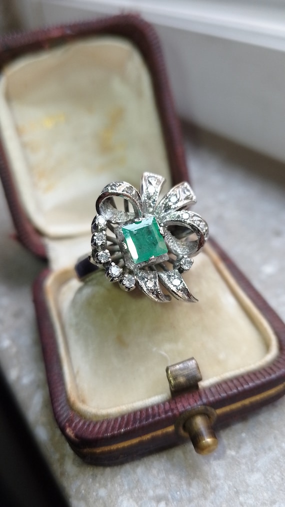 Art deco antique vintage palladium emerald diamom… - image 1