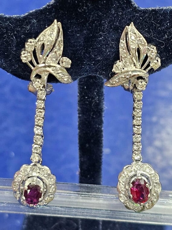 Antique Art Deco Palladium Ruby Diamond dangle ea… - image 4