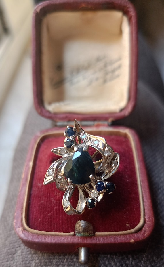 Antique vintage Palladium huge blue green sapphire