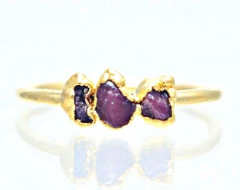 Triple Raw Ruby Ring, Gold Ring, Raw Stone Ring, Raw Genuine Ruby Crystal Ring, Stacking Ring,Engagement Ring For Women,July Birthstone Ring