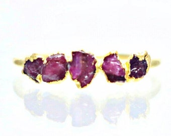 Five Raw Ruby Ring, Gold Ring, Raw Stone Ring, Raw Genuine Ruby Crystal Ring, Stacking Ring, Engagement Ring For Women, July Birthstone Ring