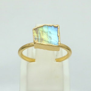 Raw Moonstone Ring, Raw Rainbow Moonstone Slice Ring, Raw Stone Ring, Gold Stacking Ring, Engagement Ring For Women, June Birthstone Ring