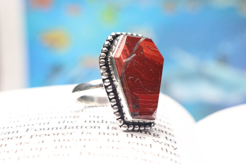 Statement Ring Natural Red Jasper Quality Coffin Gemstone Ring Boho Ring Gift For HerWomen 925 Sterling Silver Ring Coffin Ring