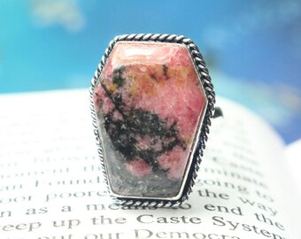 925 Sterling Silver Ring, Natural Rhodonite Quality Coffin Gemstone Ring, Coffin Ring, Statement Ring, Boho Ring, Gift For Her/Women