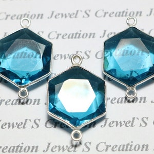 925 Sterling Silver Connector London Blue Topaz Quartz Faceted Cut Hexagon Shape Quality Gemstone Sterling Silver Connector 5 Pieces 16-12MM