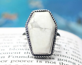 925 Sterling Silver Ring, Natural Howlite Quality Coffin Gemstone Ring, Coffin Ring, Statement Ring, Boho Ring, Gift For Her/Women