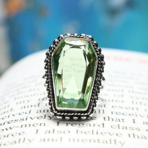 925 Sterling Silver Ring, Natural Green Amethyst Quality Cut Coffin Gemstone Ring, Gift For Her/Women