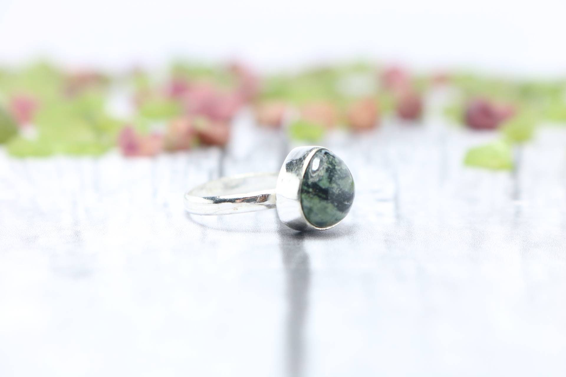 Bague Chevalière En Jaspe Kambaba - Pierre Naturelle Verte Et Noire - Réglable Toutes Tailles - Neuf