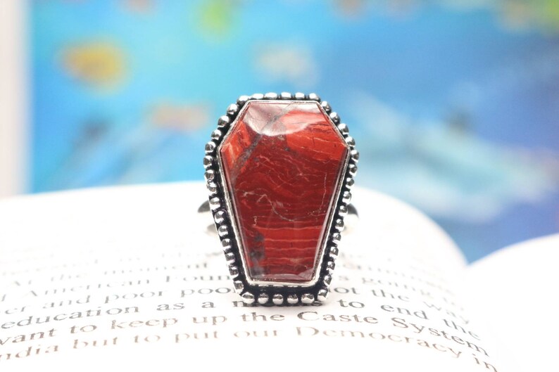 Statement Ring Natural Red Jasper Quality Coffin Gemstone Ring Boho Ring Gift For HerWomen 925 Sterling Silver Ring Coffin Ring