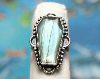 925 Sterling Silver Ring, Natural Labradorite Quality Coffin Gemstone Ring,Sterling Silver Ring,Coffin Shape Ring,Perfect Gift For Her/Women