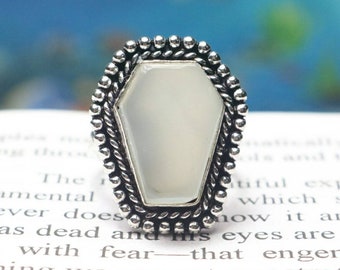 Coffin Ring, 925 Sterling Silver Ring, Natural White Moonstone Ring, Quality Coffin Gemstone Ring, June Birthstone Ring, Gift For Her