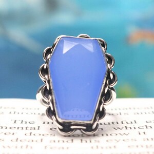 925 Sterling Silver Ring, Natural Blue Chalcedony Ring, Coffin Ring, Quality Coffin Gemstone Ring, Birthstone Ring, Gift For Her/Women