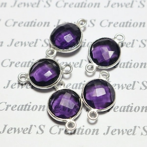 925 Sterling Silver Connector, Natural Amethyst Faceted Coin Shape Quality Gemstone Sterling Silver Connector 5 Pieces, 12-10 MM