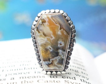 925 Sterling Silver Ring, Natural Stick Agate Quality Coffin Gemstone Ring, Coffin Ring, Statement Ring, Boho Ring, Gift For Her/Women