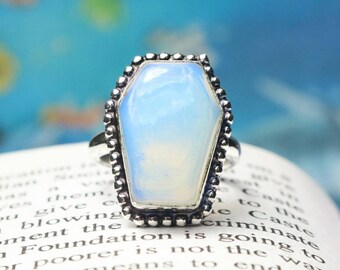 925 Sterling Silver Ring, Opalite Quality Coffin Gemstone Ring, Opal Ring, Coffin Ring, Statement Ring, Boho Ring, Gift For Her/Women