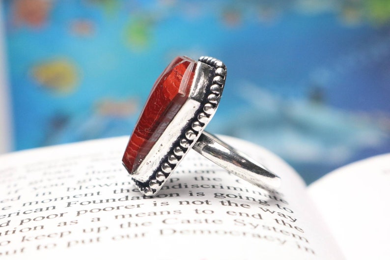 Statement Ring Natural Red Jasper Quality Coffin Gemstone Ring Boho Ring Gift For HerWomen 925 Sterling Silver Ring Coffin Ring