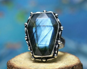 925 Sterling Silver Ring, Natural Labradorite Quality Coffin Gemstone Ring,Sterling Silver Ring,Coffin Shape Ring,Perfect Gift For Her/Women