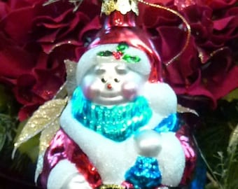 Vintage Snowman ORNAMENT Blown Mercury GLASS Sugar Coated Hand Decorated