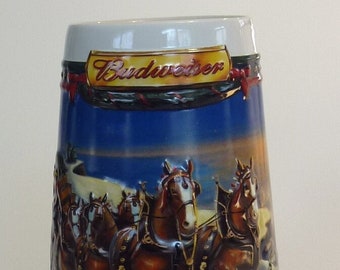 2002 Budweiser Holiday Beer Stein Guiding the Way Home Vintage Ceramic Bud Beer Mug